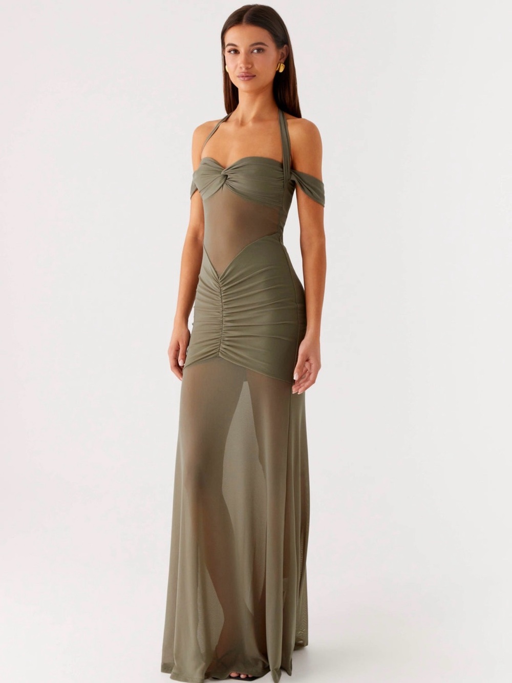 NWT Peppermayo Olive Green Off-Shoulder Halter Ruched Mesh Maxi Dress 6
